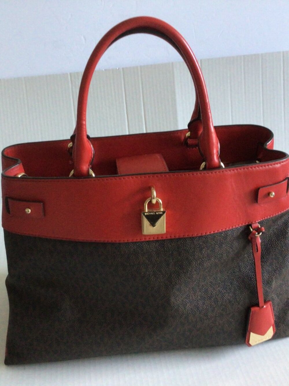 Michael Kors Gramercy Large Satchel Brown MK Logo Canvas and Red Leather Trim